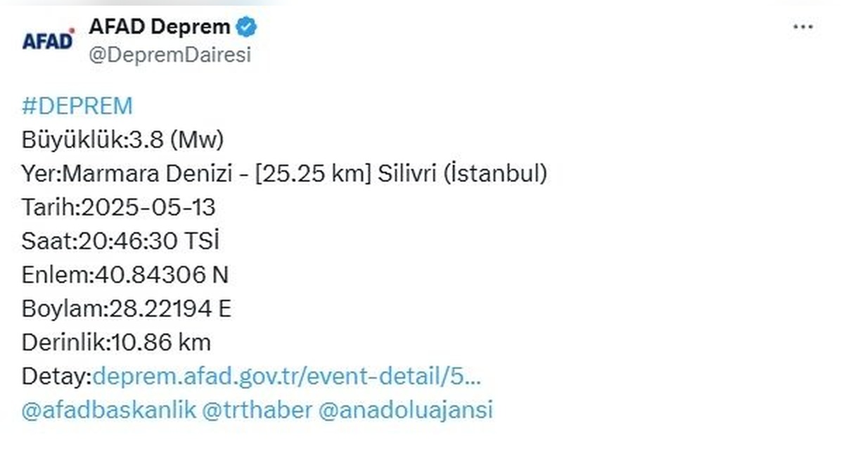 İstanbul'da 3.8 Büyüklüğünde Deprem