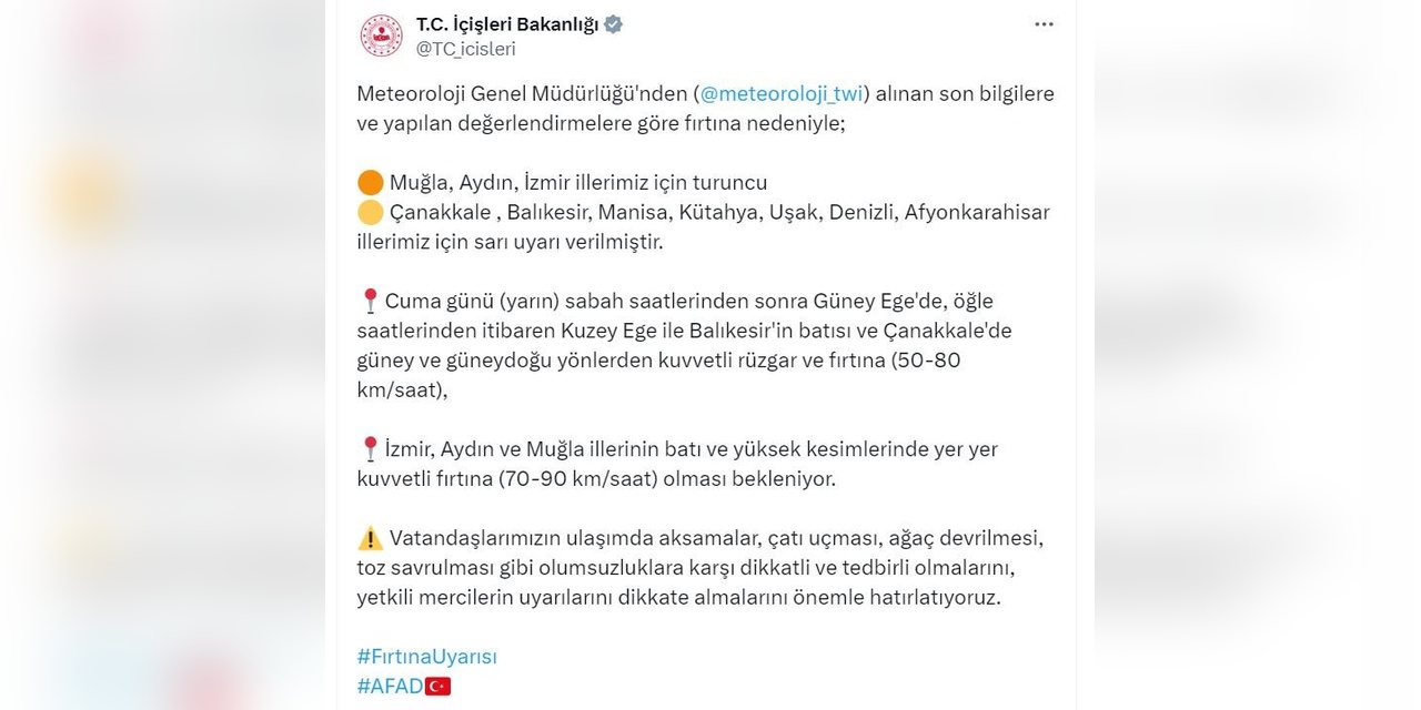 İçişleri Bakanlığı'ndan Fırtına Uyarısı: 3 İl Turuncu, 7 İl Sarı Kodlu