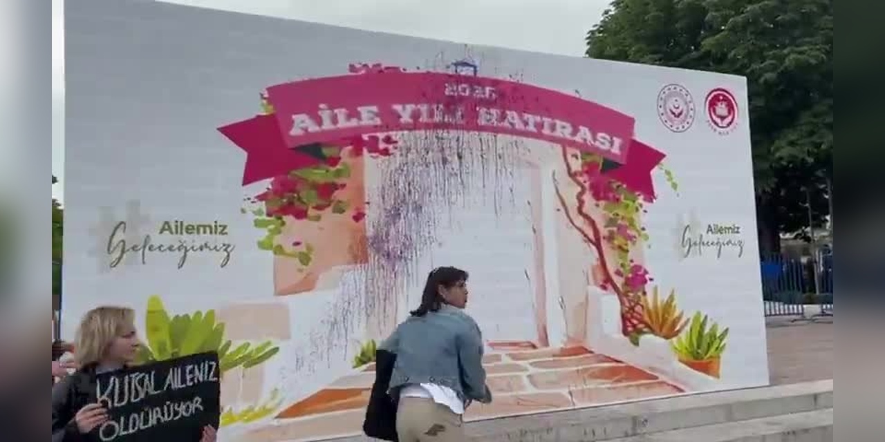 Halkevci Kadınlar Ankara'da 'Aile Yılı Hatırası' Panosuna Mor Boya Fırlattı