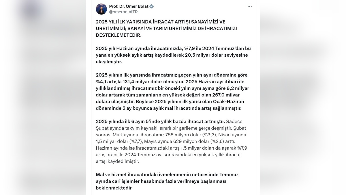 Bolat: Haziran'da ihracat 20,5 milyar dolara ulaştı
